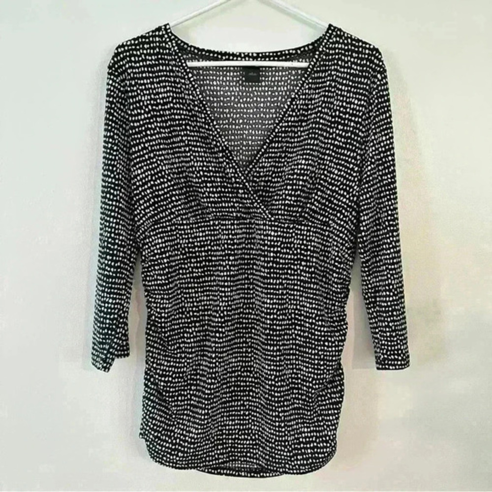 Ann Taylor Women's V-Neck 3/4‎ Sleeve Black And White Abstract Blouse Size Large